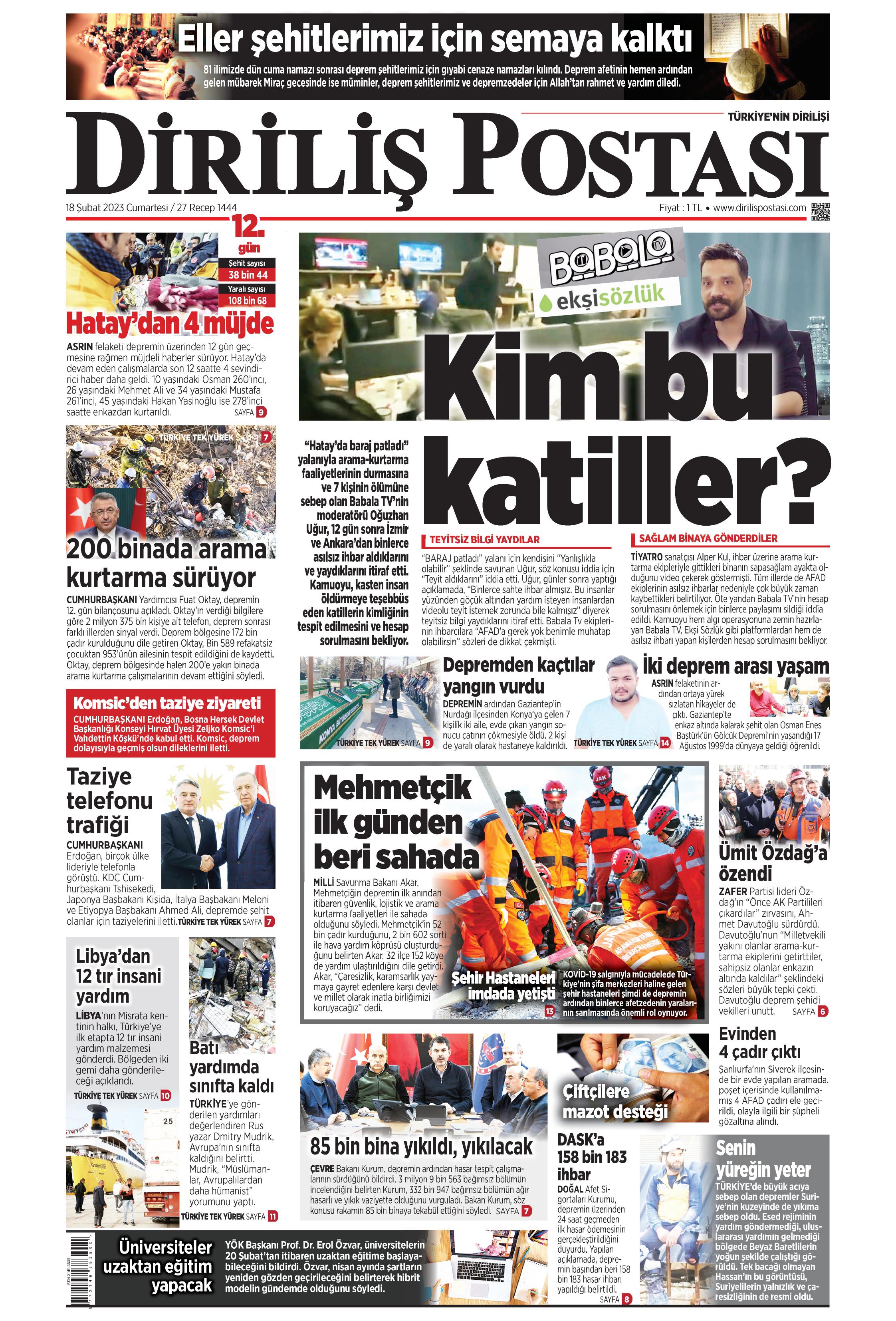 Diriliş Postası Gazetesi 18 Şubat 2023, Cumartesi Günü Manşeti