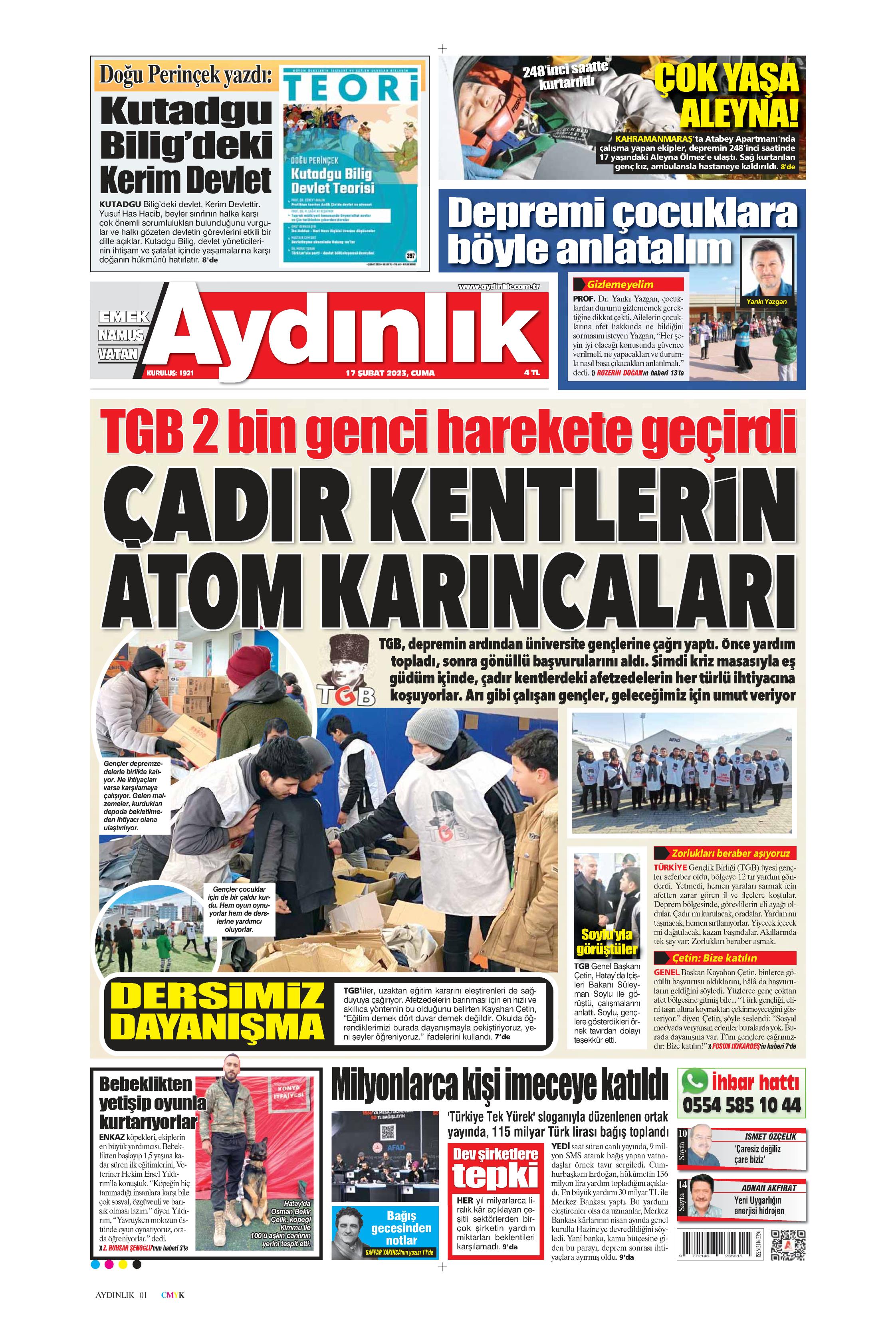 Aydınlık Gazetesi 17 Şubat 2023, Cuma Günü Manşeti