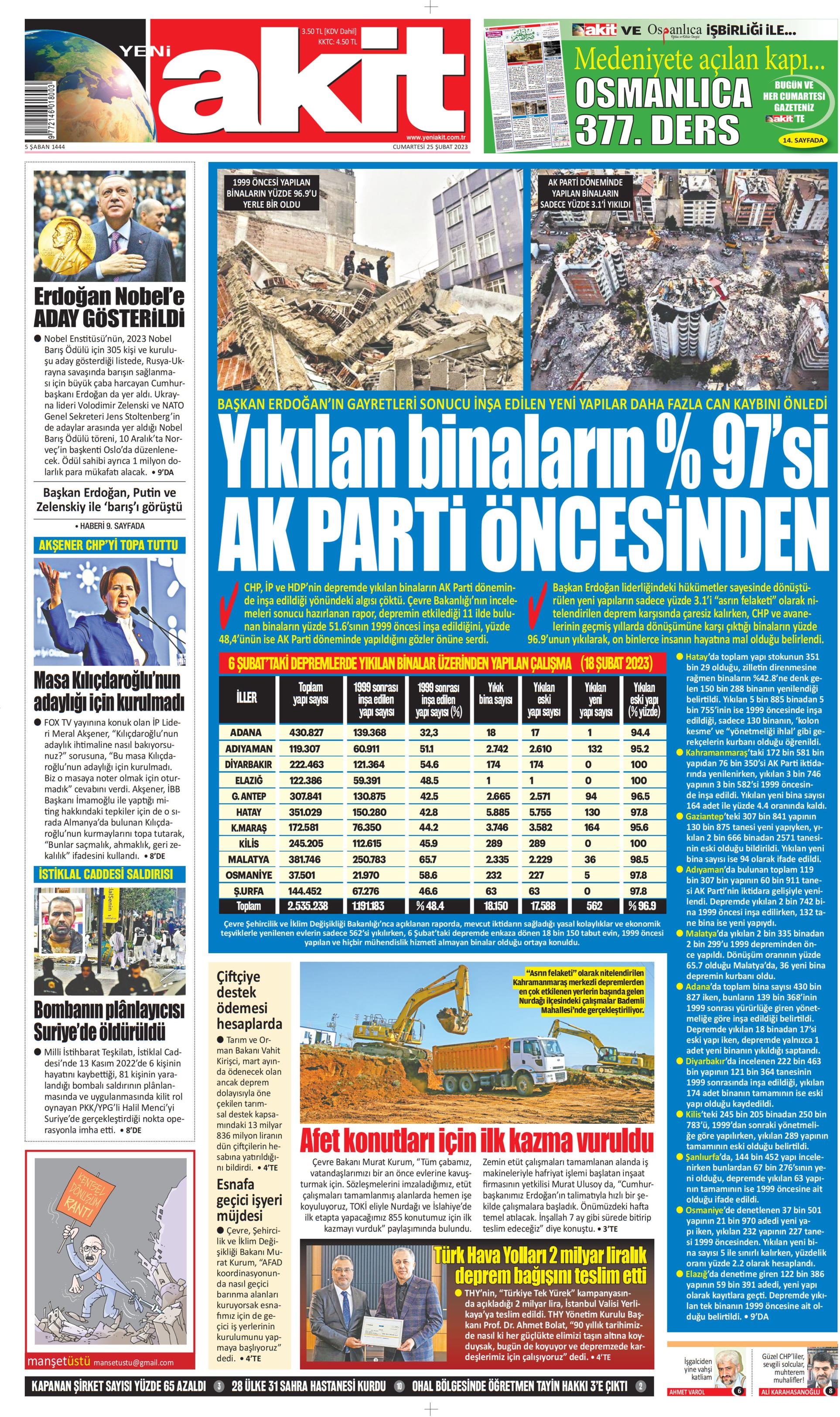 Yeni Akit Gazetesi 25 Şubat 2023, Cumartesi Günü Manşeti