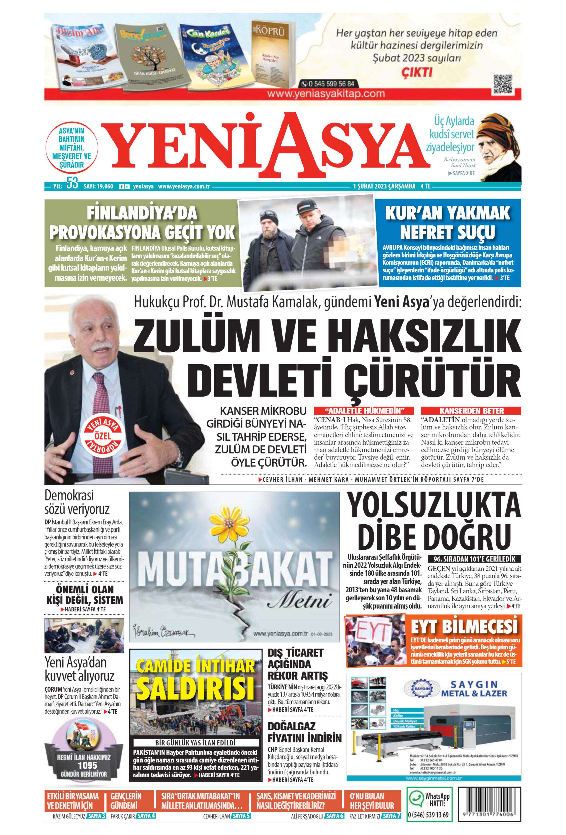 Yeni Asya Gazetesi 1 Şubat 2023, Çarşamba Günü Manşeti