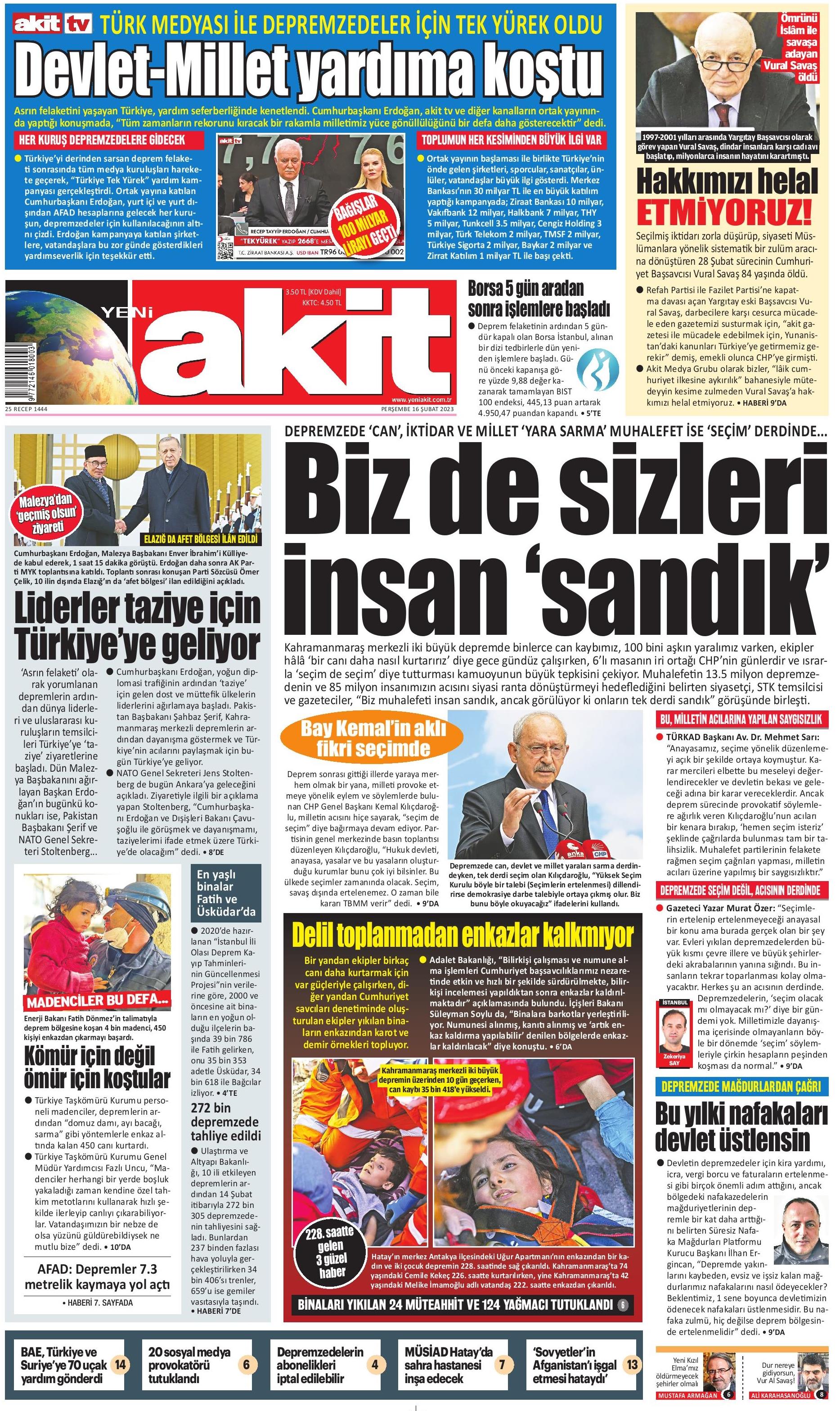 Yeni Akit Gazetesi 16 Şubat 2023, Perşembe Günü Manşeti