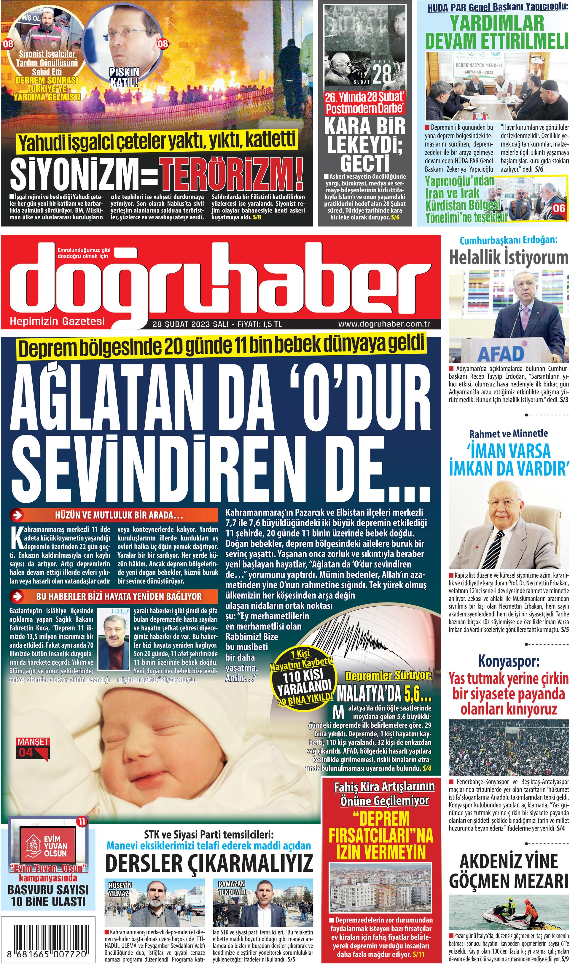 Doğruhaber Gazetesi 28 Şubat 2023, Salı Günü Manşeti