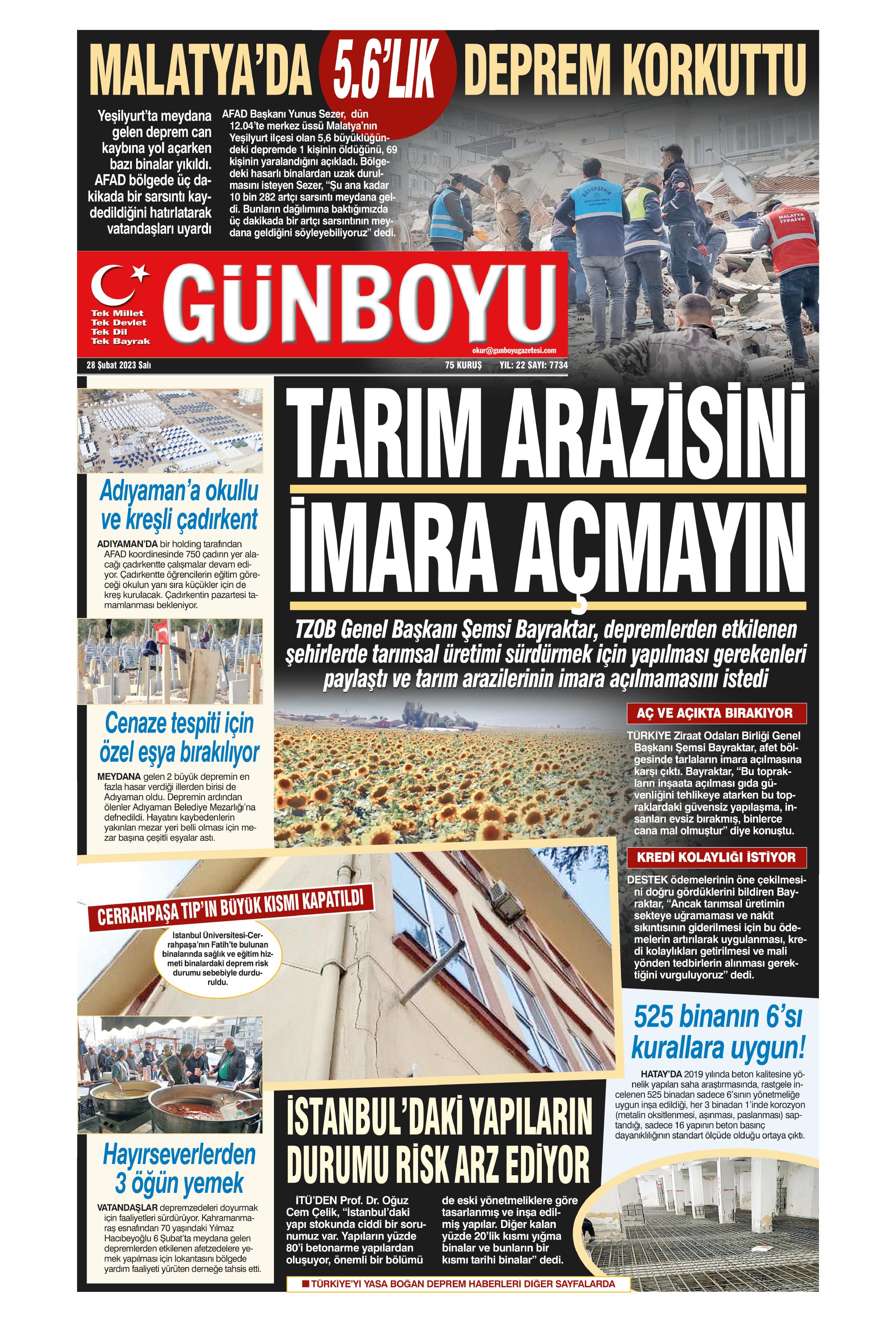 Günboyu Gazetesi 28 Şubat 2023, Salı Günü Manşeti