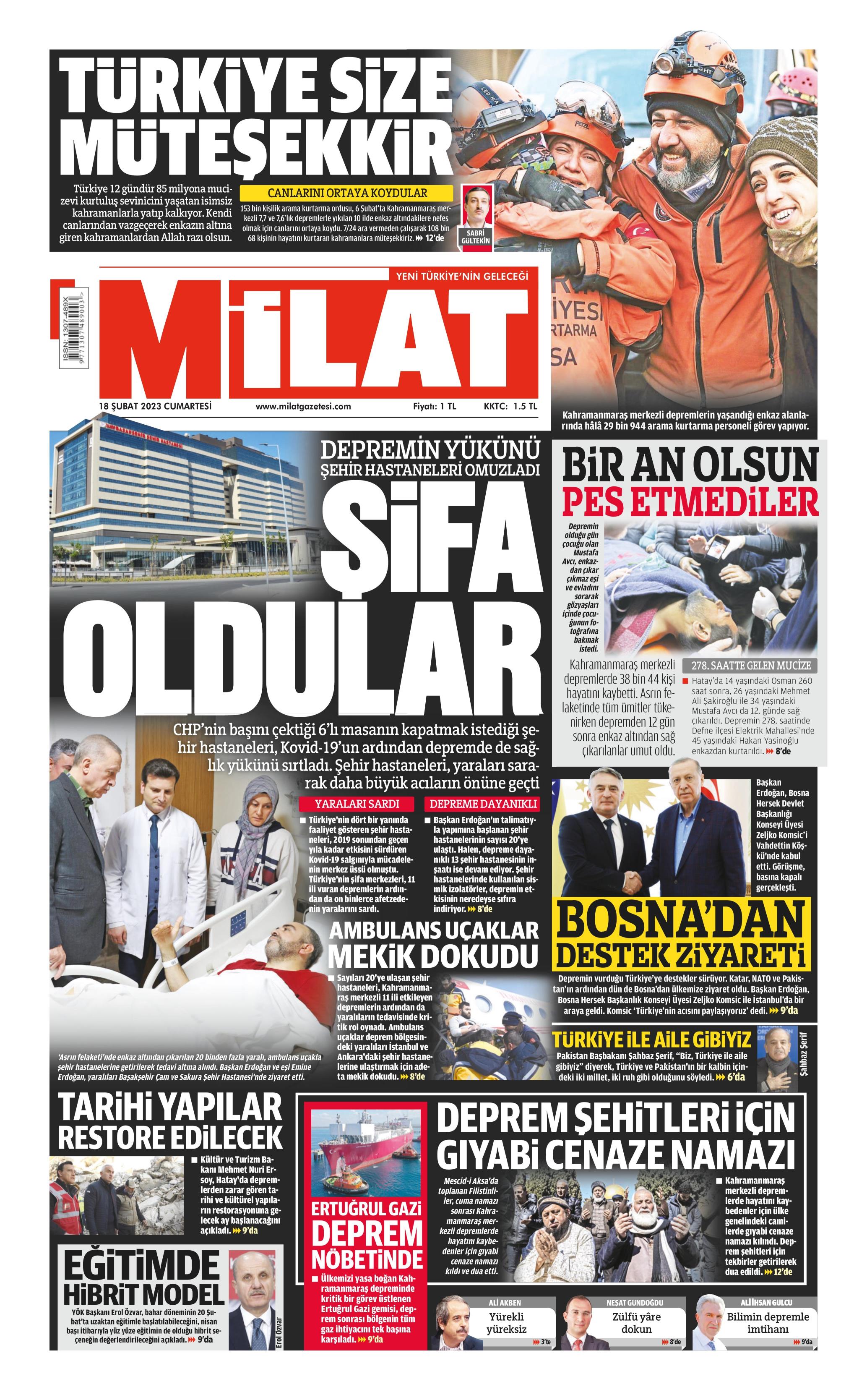 Milat Gazetesi 18 Şubat 2023, Cumartesi Günü Manşeti