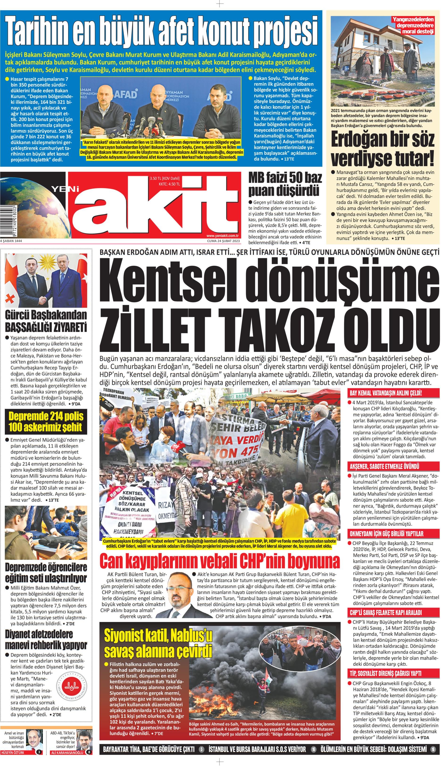 Yeni Akit Gazetesi 24 Şubat 2023, Cuma Günü Manşeti