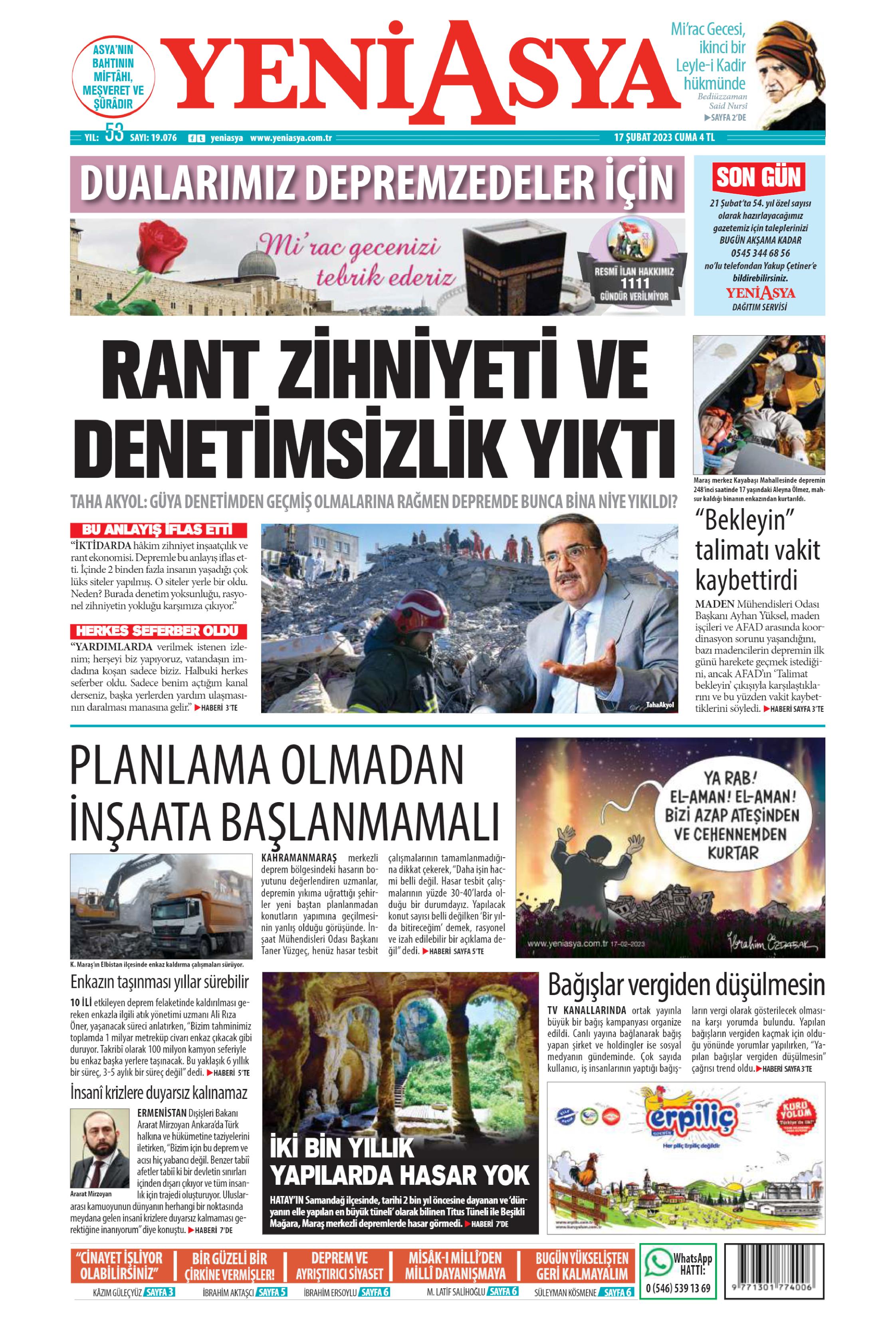 Yeni Asya Gazetesi 17 Şubat 2023, Cuma Günü Manşeti