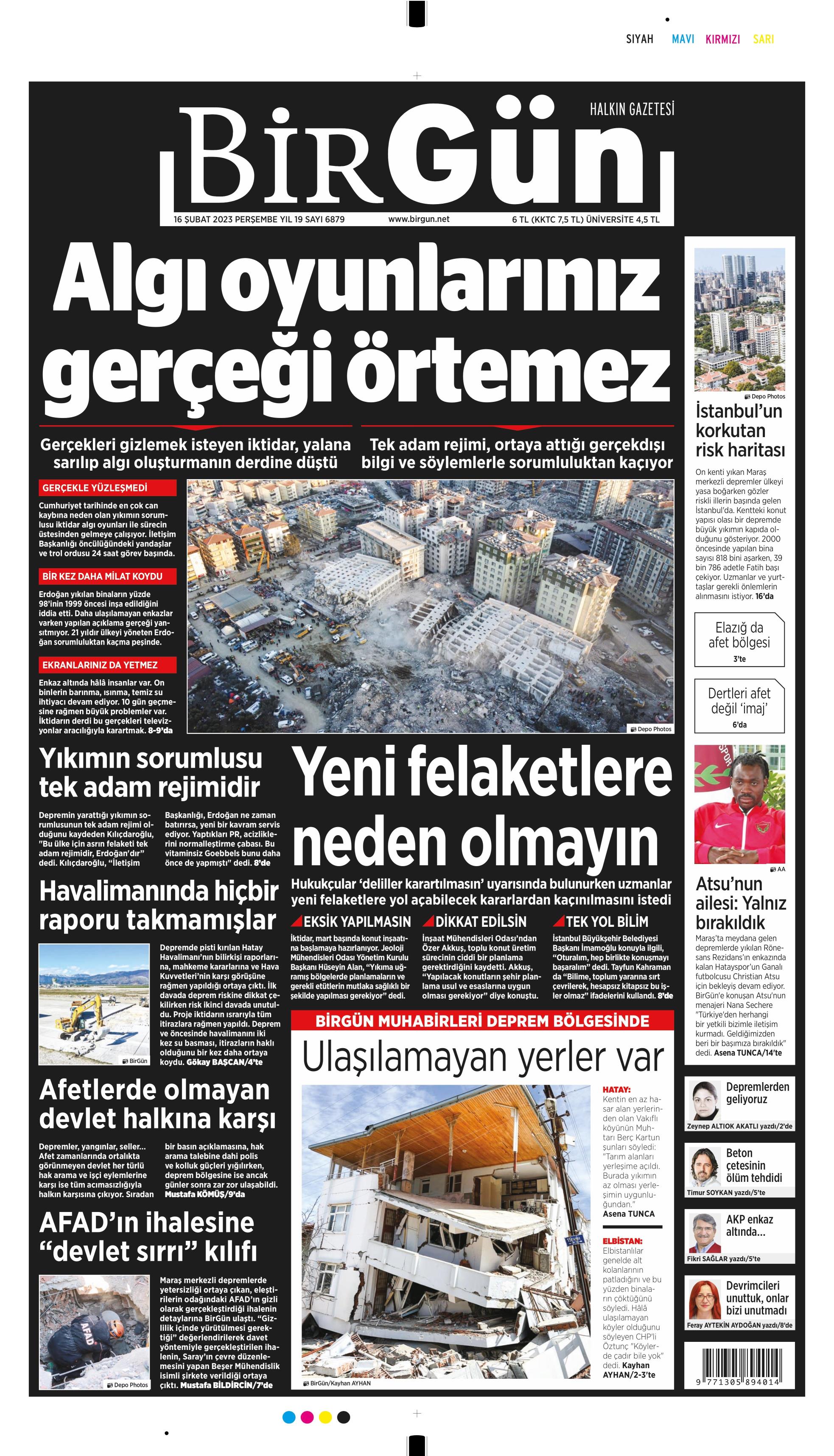 Birgün Gazetesi 16 Şubat 2023, Perşembe Günü Manşeti