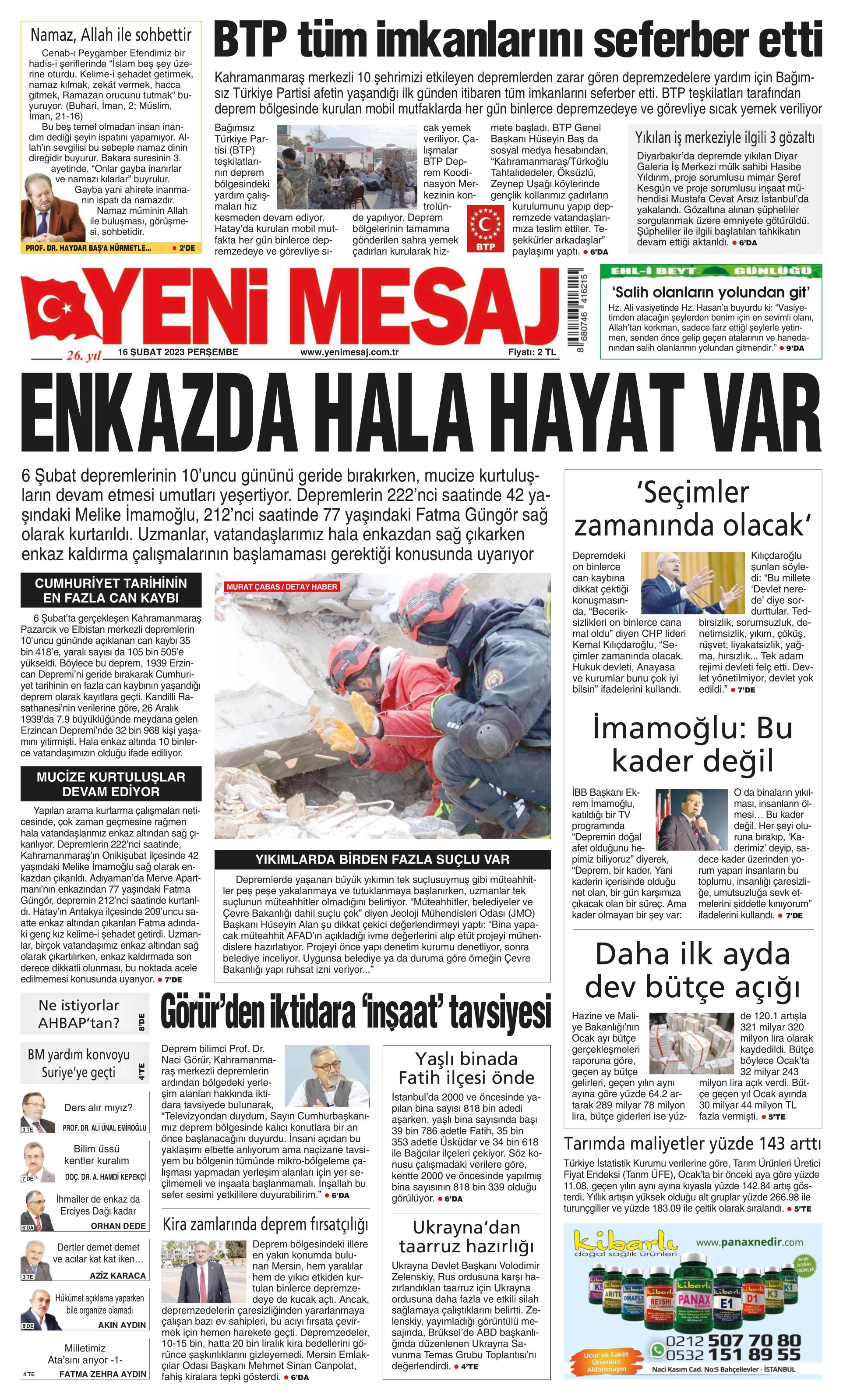 Yeni Mesaj Gazetesi 16 Şubat 2023, Perşembe Günü Manşeti