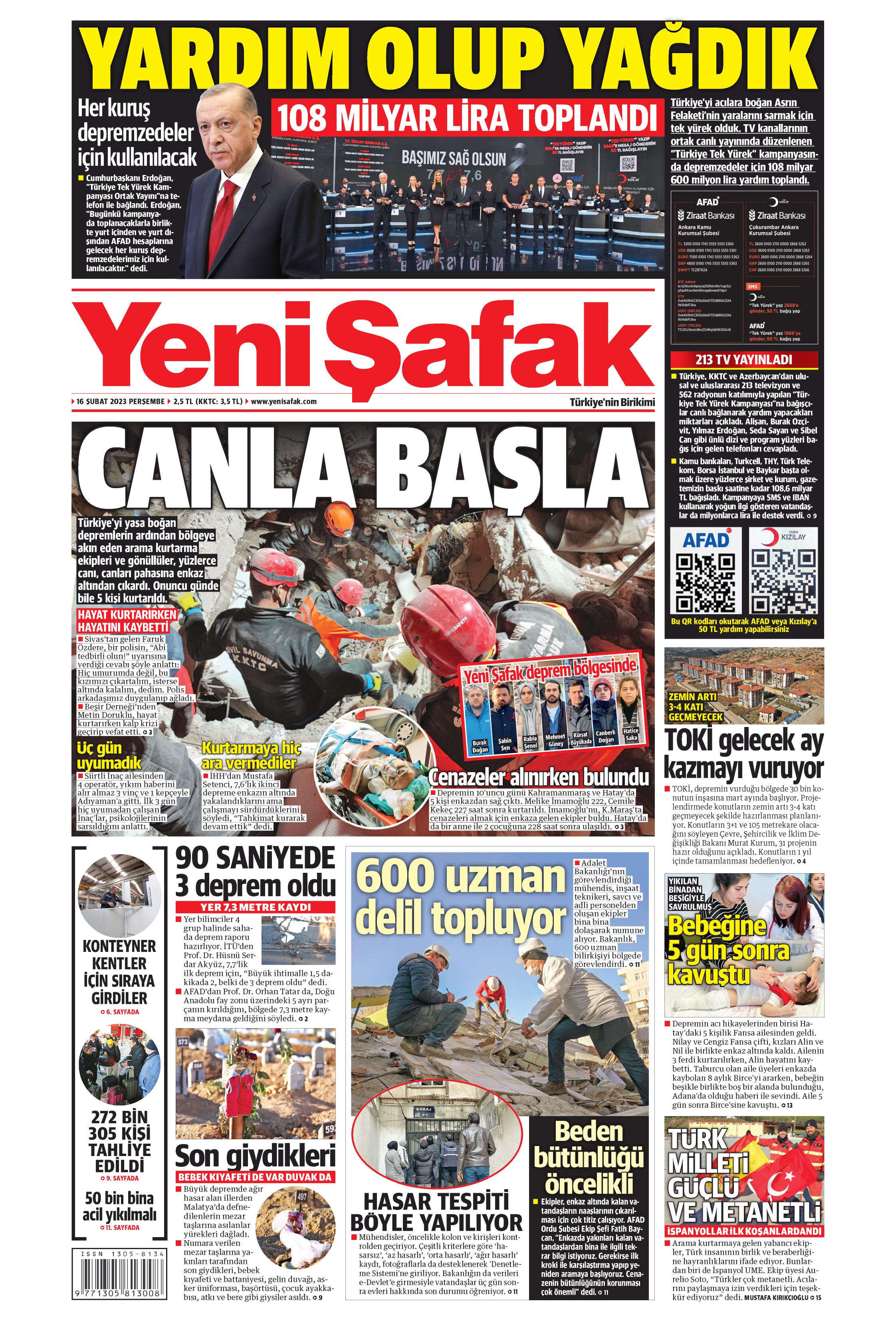 Yeni Şafak Gazetesi 16 Şubat 2023, Perşembe Günü Manşeti