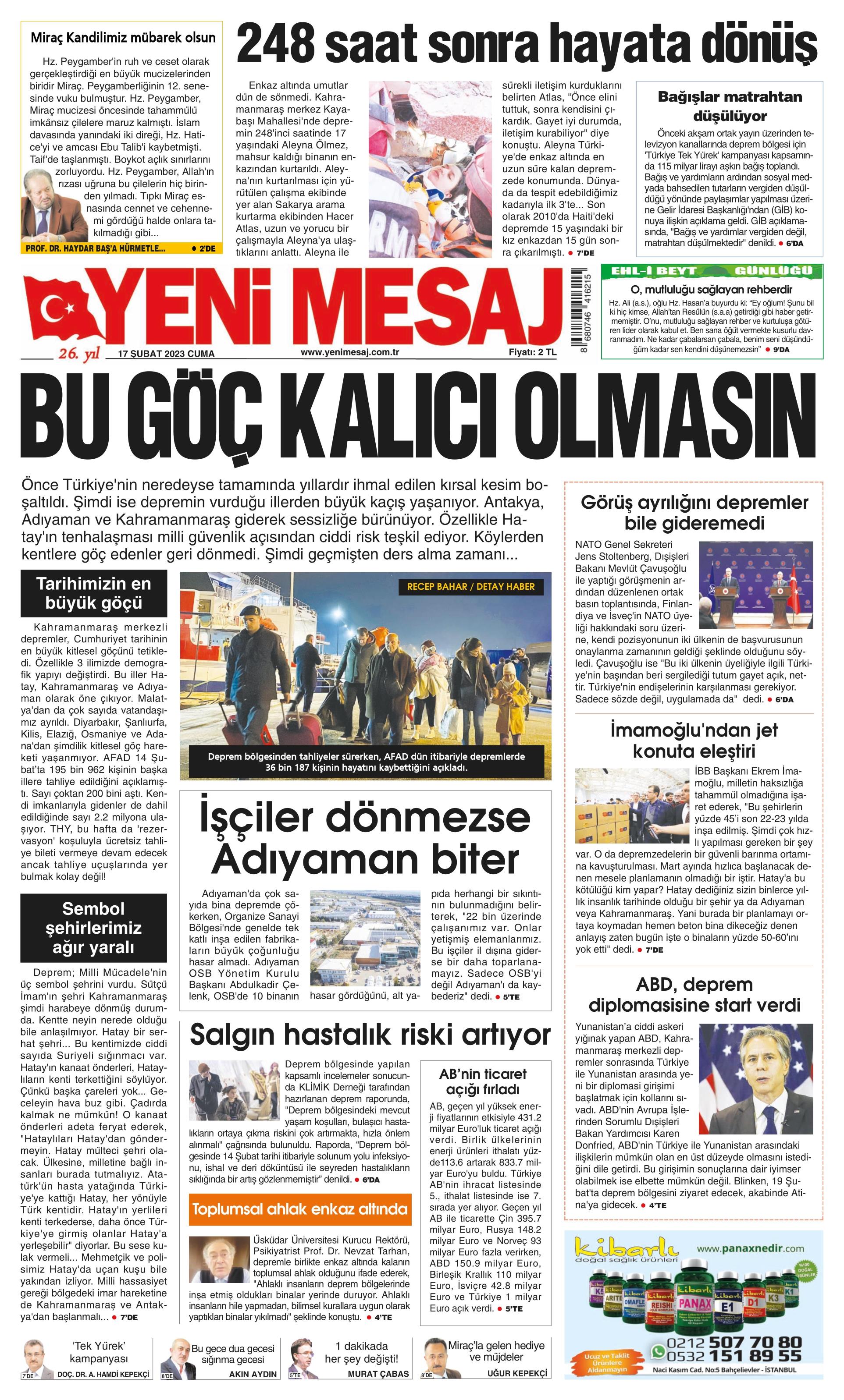 Yeni Mesaj Gazetesi 17 Şubat 2023, Cuma Günü Manşeti