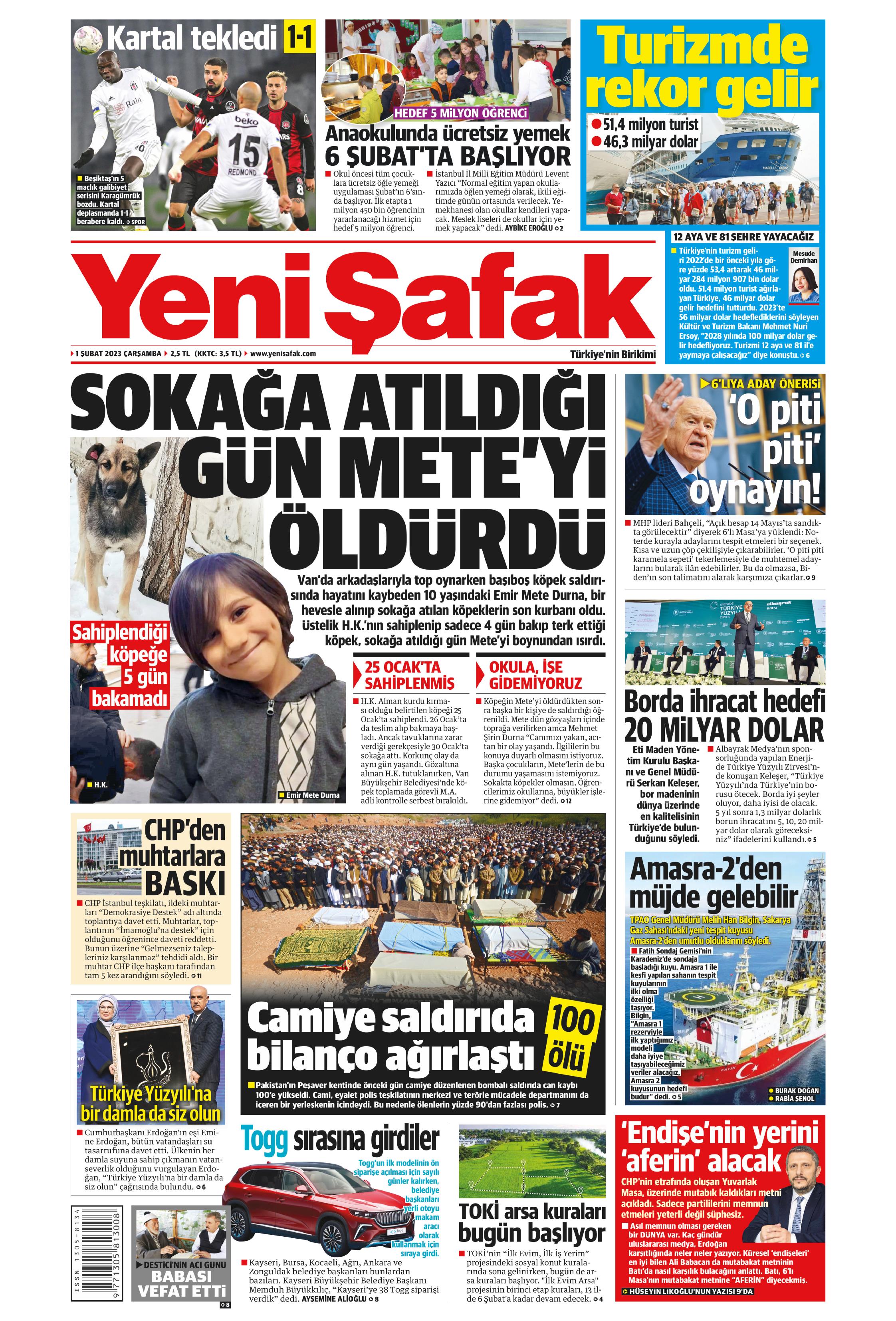 Yeni Şafak Gazetesi 1 Şubat 2023, Çarşamba Günü Manşeti