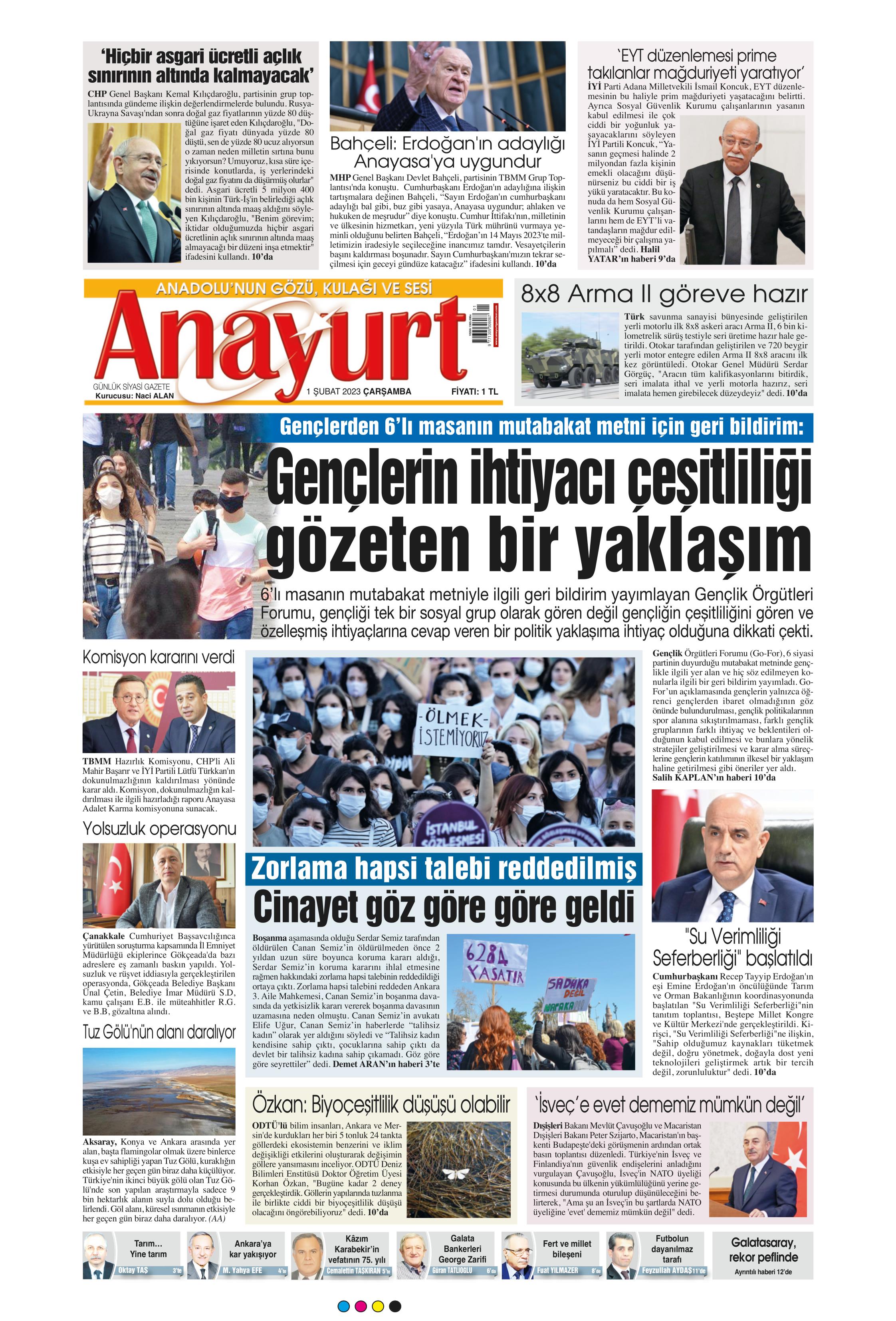 Anayurt Gazetesi 1 Şubat 2023, Çarşamba Günü Manşeti