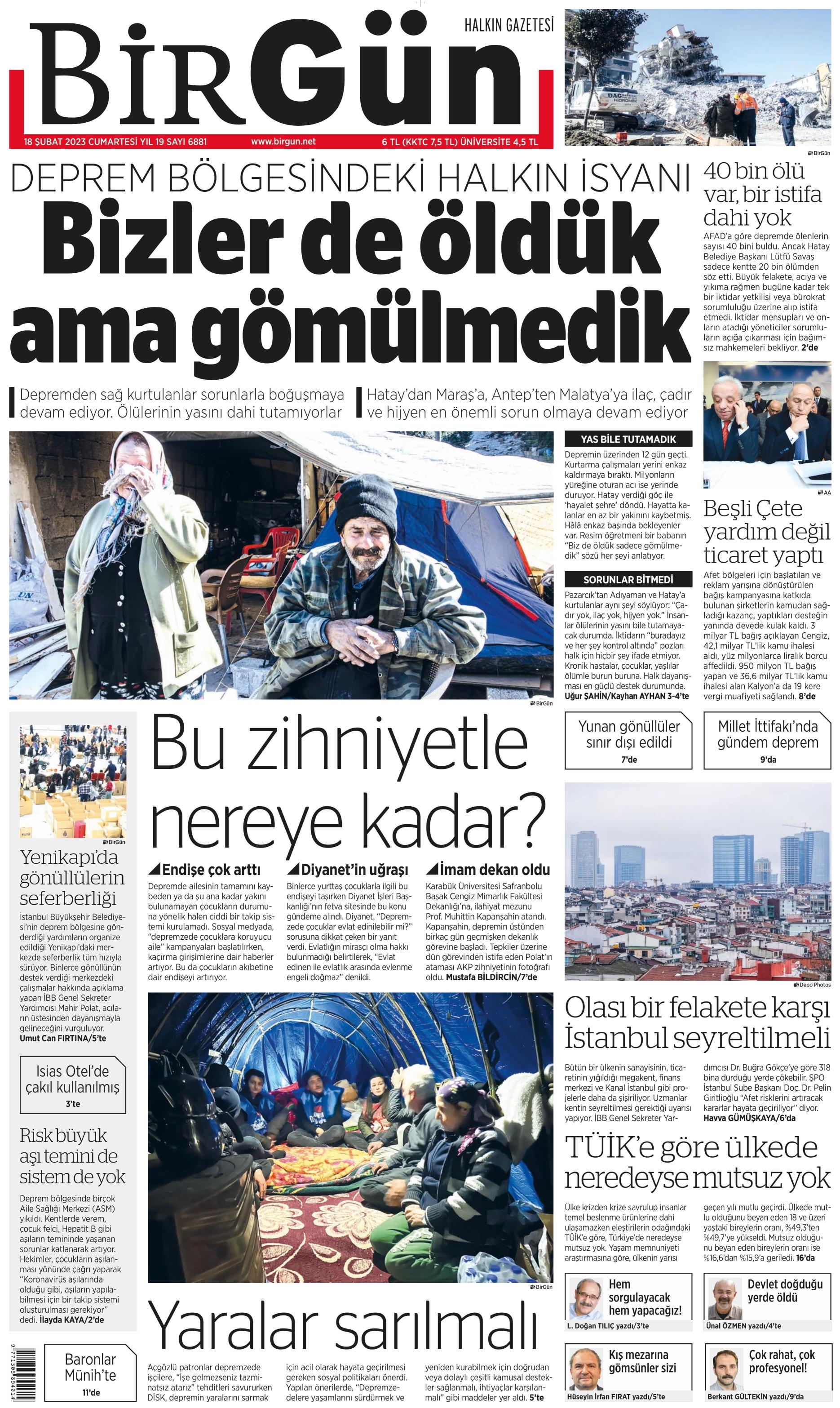 Birgün Gazetesi 18 Şubat 2023, Cumartesi Günü Manşeti