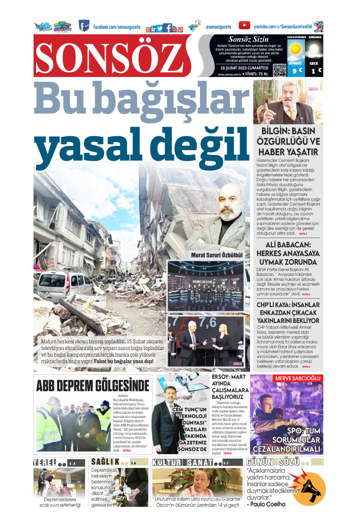 Sonsöz Gazetesi 18 Şubat 2023, Cumartesi Günü Manşeti