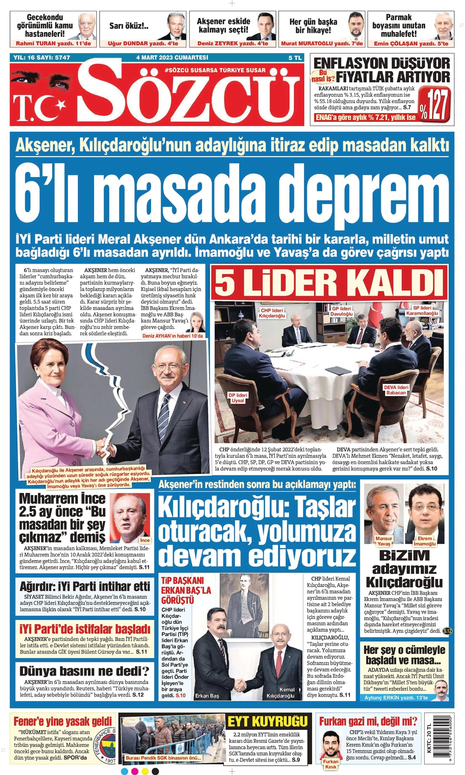 Sözcü Gazetesi 4 Mart 2023, Cumartesi Günü Manşeti