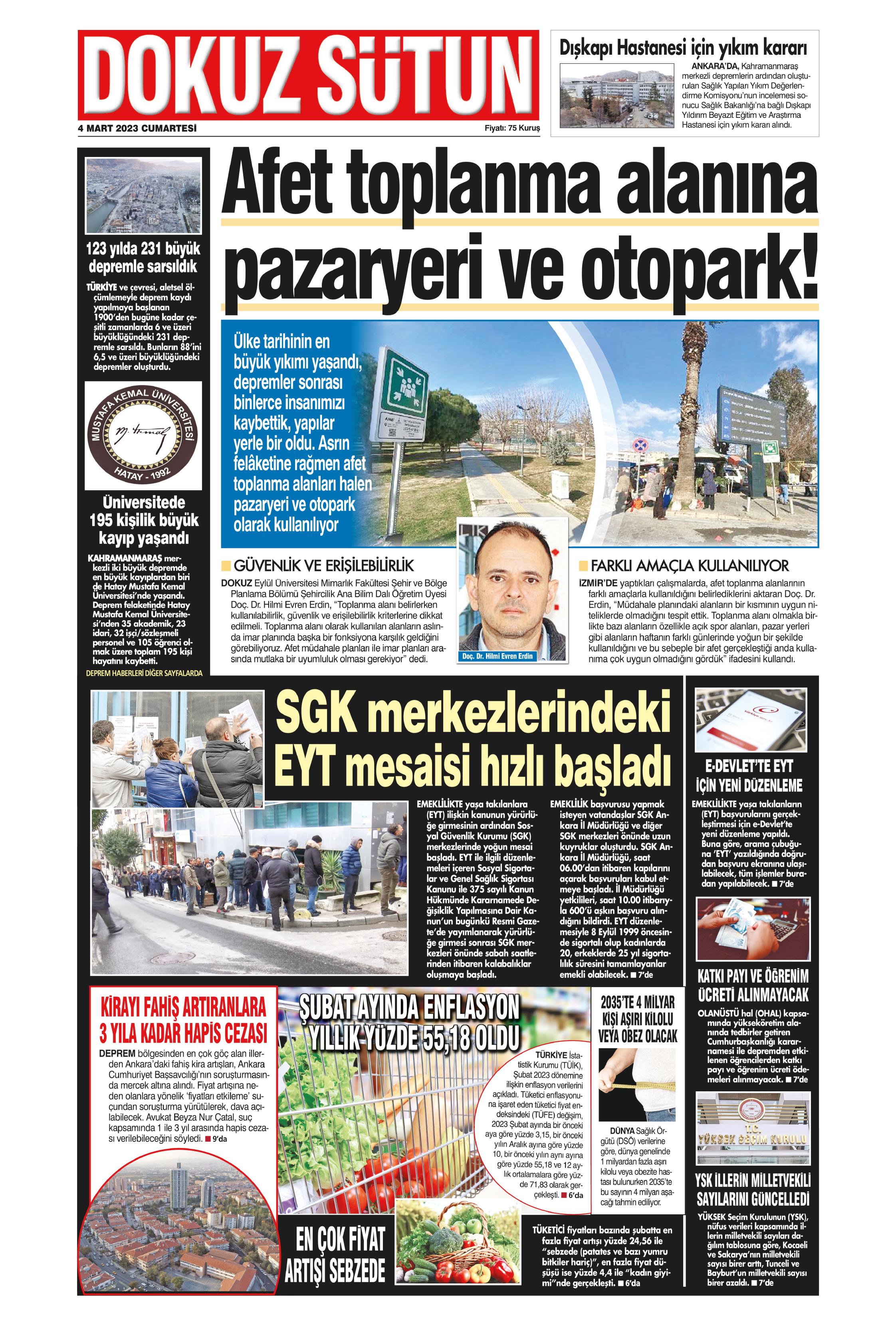 Dokuz Sütun Gazetesi 4 Mart 2023, Cumartesi Günü Manşeti