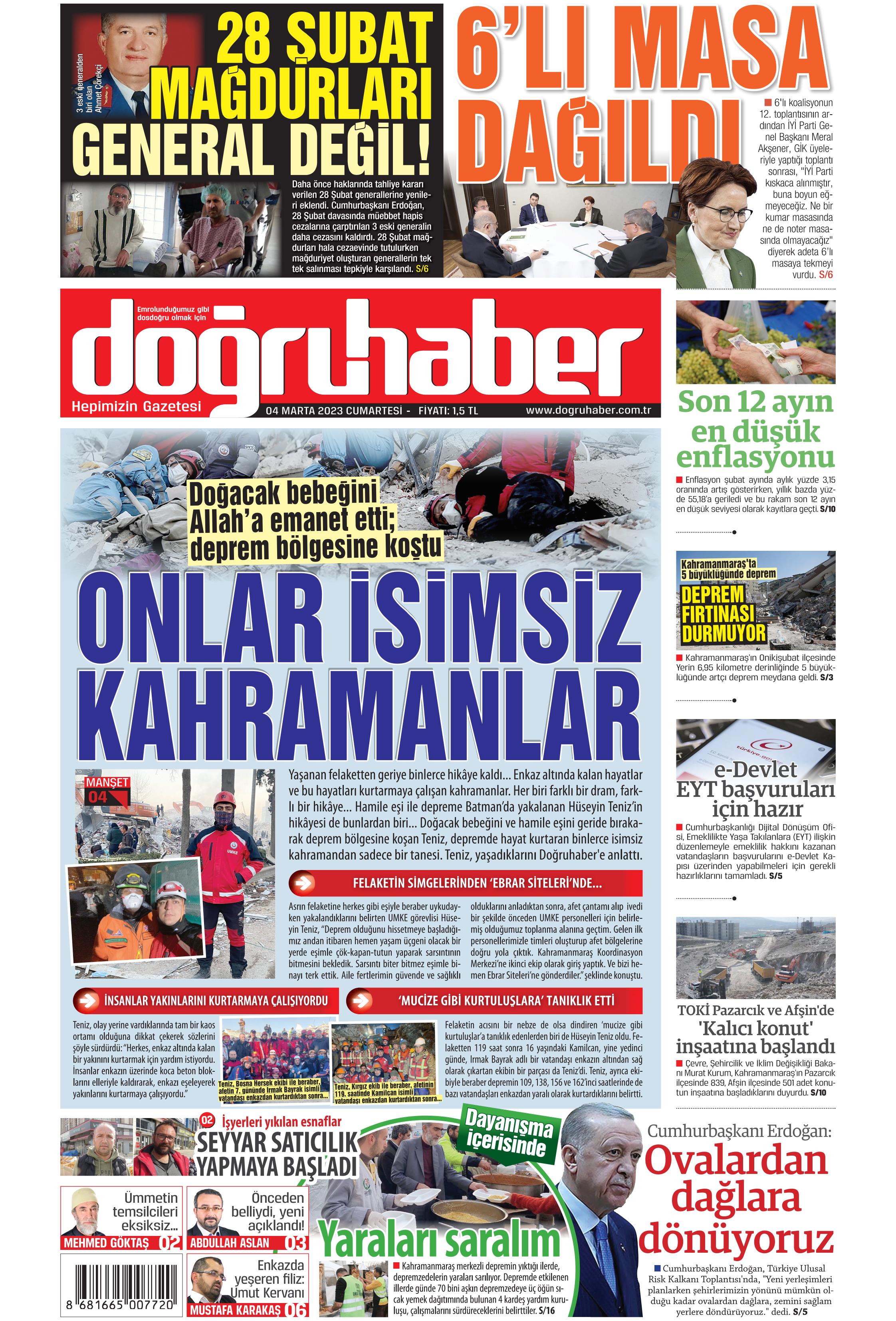 Doğruhaber Gazetesi 4 Mart 2023, Cumartesi Günü Manşeti