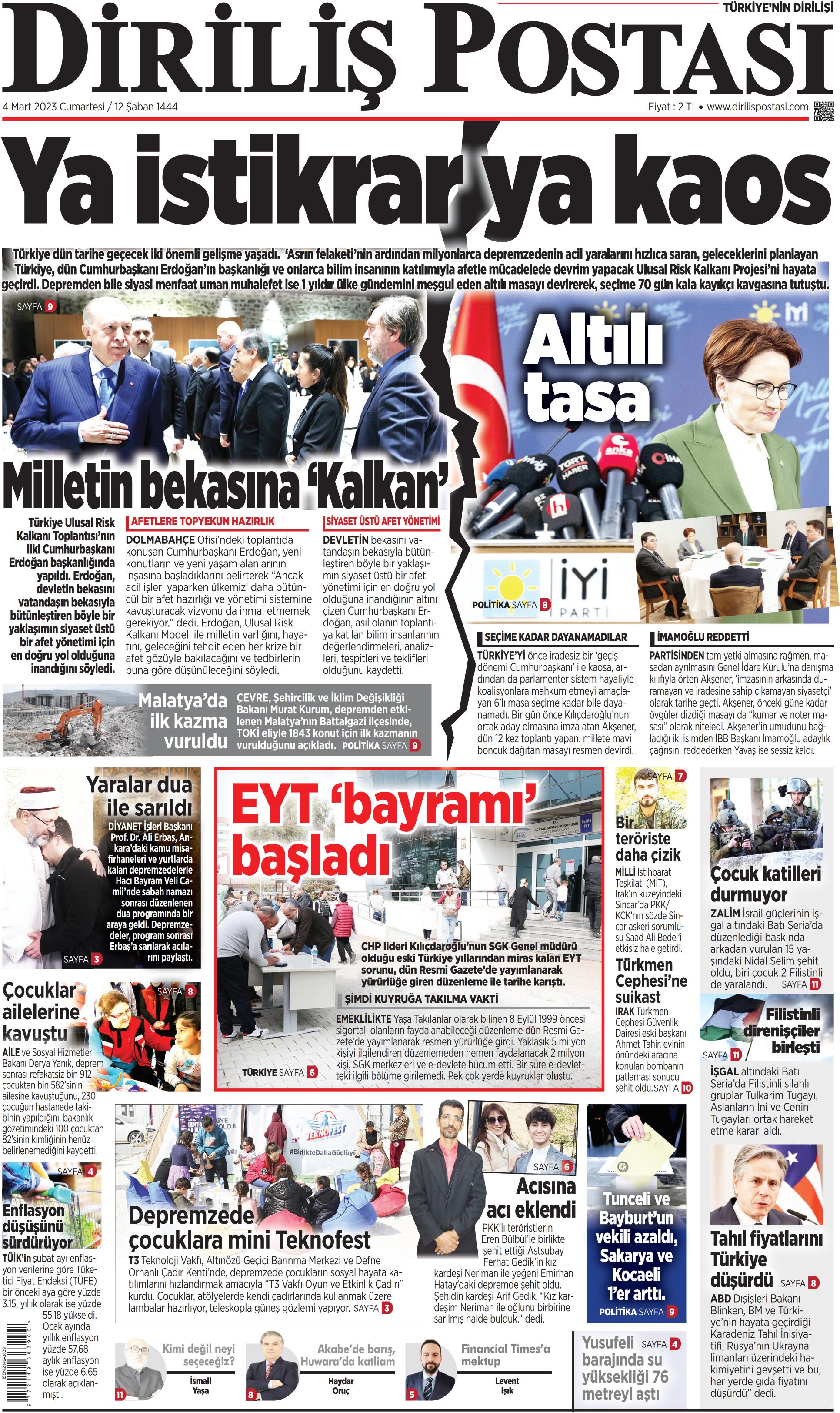 Diriliş Postası Gazetesi 4 Mart 2023, Cumartesi Günü Manşeti