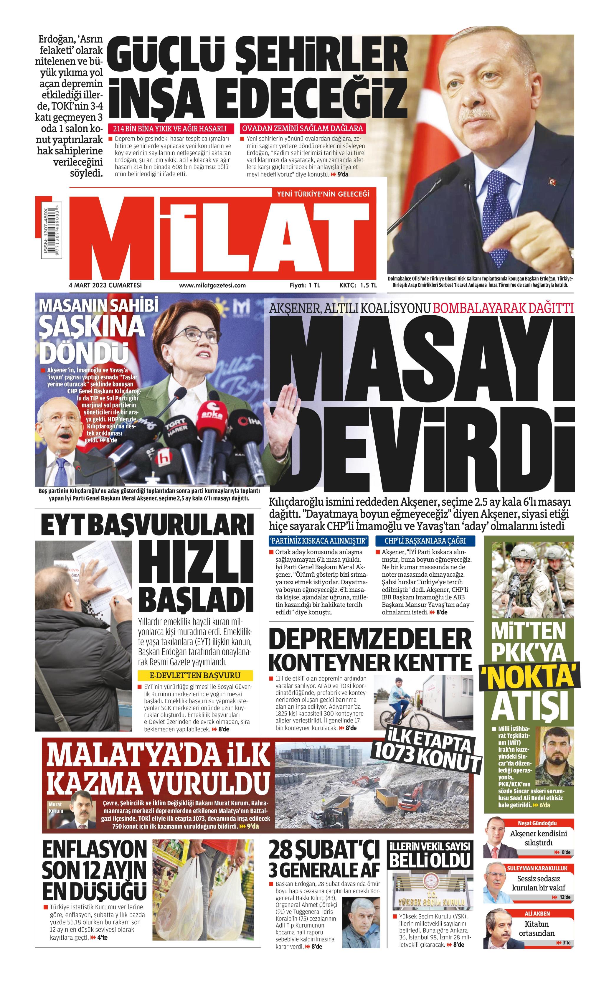 Milat Gazetesi 4 Mart 2023, Cumartesi Günü Manşeti