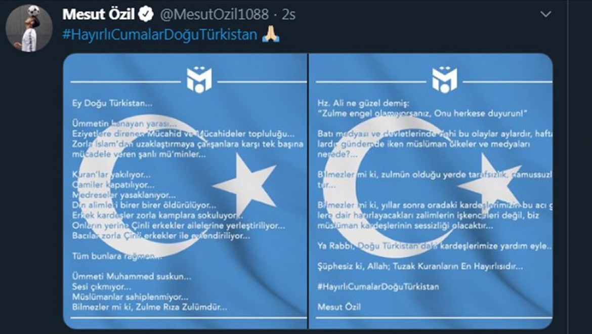 Mesut Özil'den Çin'in Doğu Türkistan'daki politikalarına sessiz kalan Müslümanlara tepki