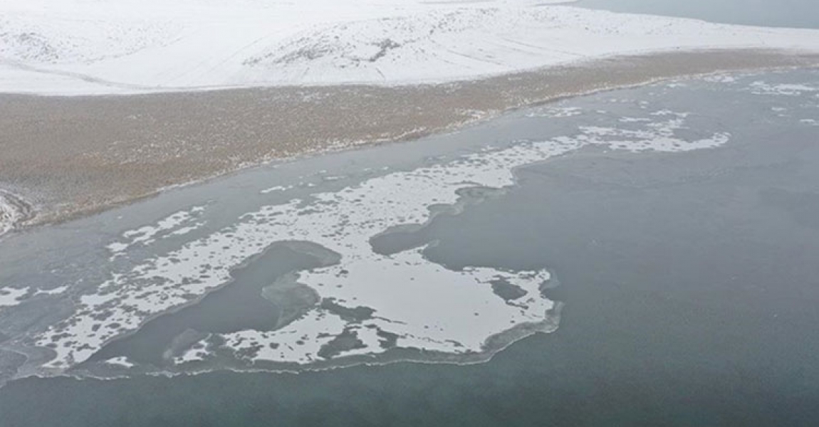 Çıldır Gölü'nün yüzeyi soğuk hava nedeniyle donmaya başladı