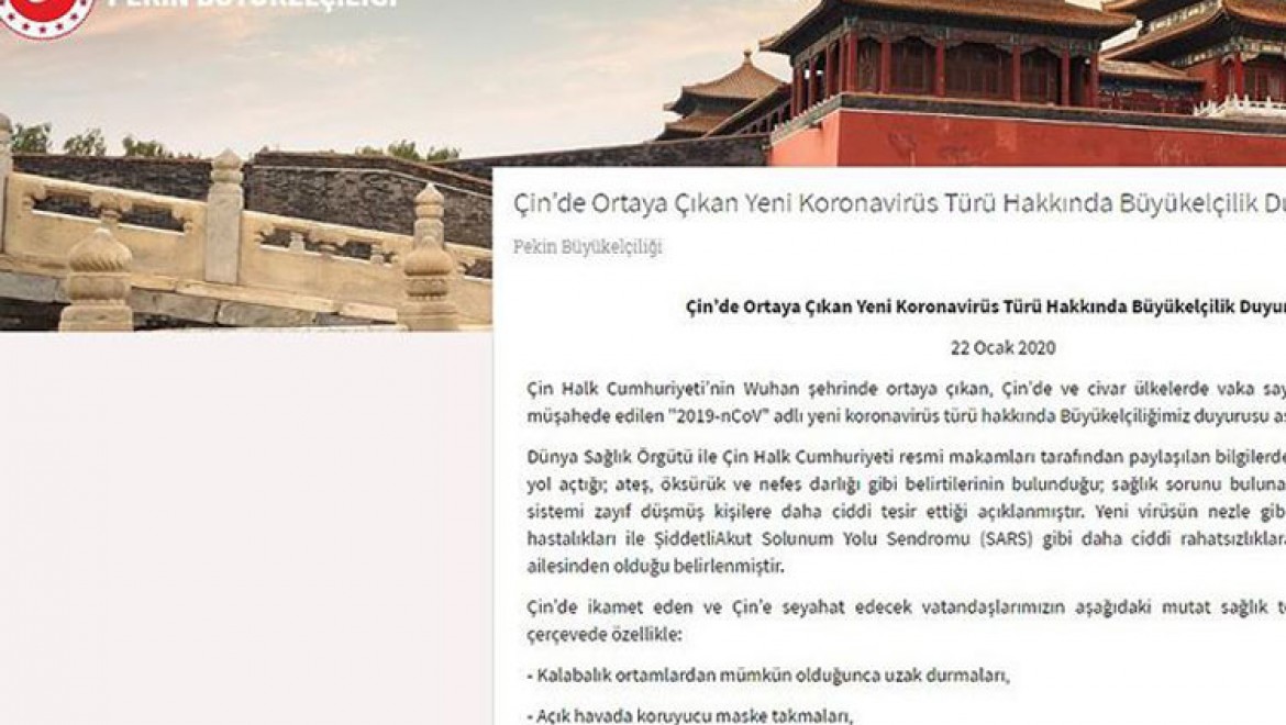 Türkiye'nin Pekin Büyükelçiliğinden Çin'e seyahat edecek vatandaşlara uyarı