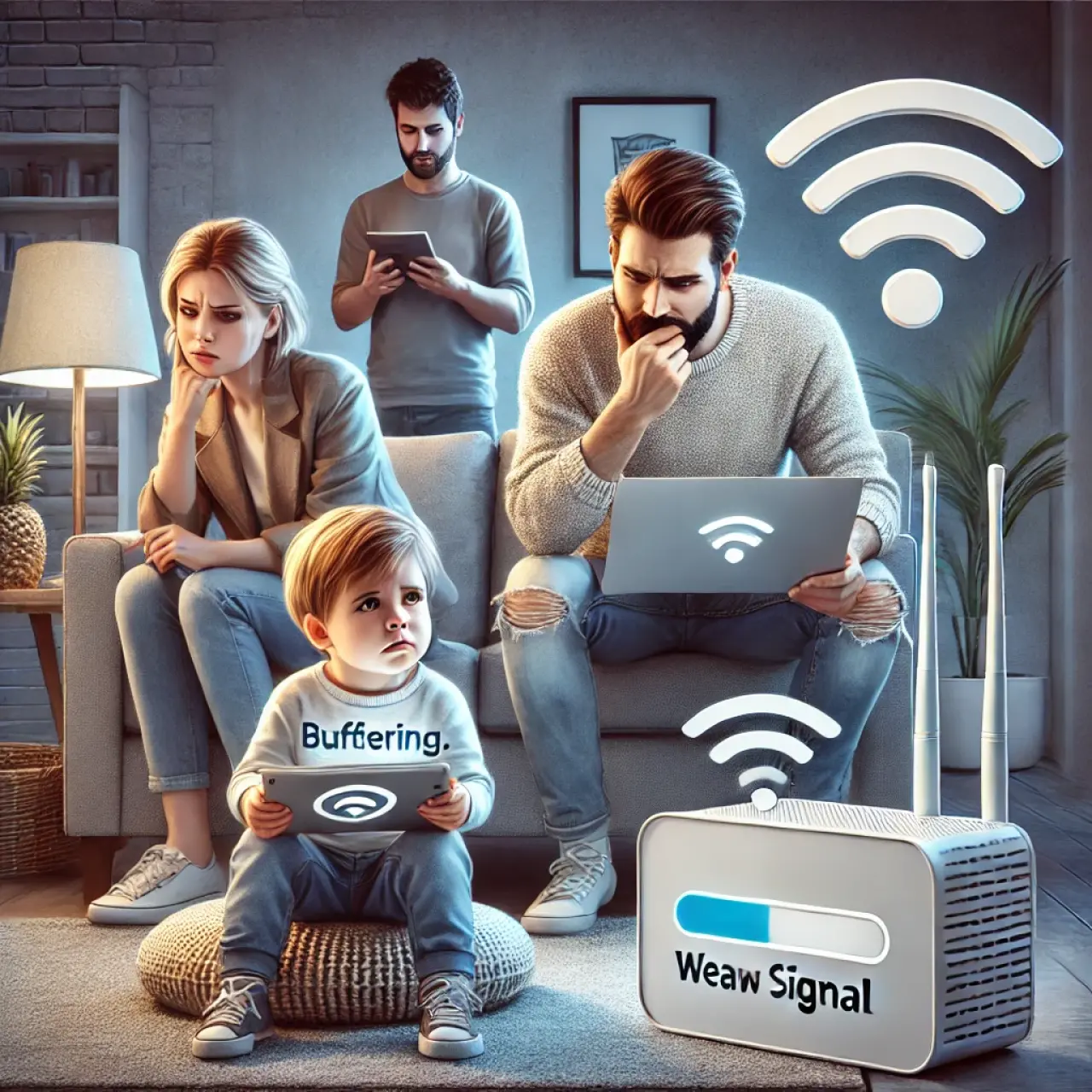 A realistic digital painting of a family in their living room, frustrated by slow internet. A child is trying to watch a cartoon on a tablet with a buffering screen, while parents look at a laptop with a loading sign. A Wi-Fi router with weak signal icons is visible on a side table.